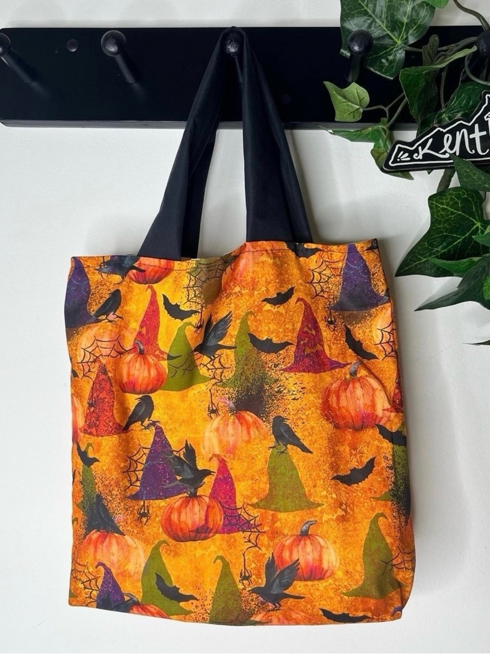 Handmade Witch Hats, Bats, Crows, Pumpkins Print Halloween Theme Lined Tote